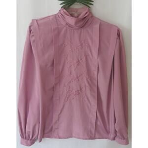 VINTAGE CEO Pleated Long Sleeve Blouse Size 10 Embroidery Ruched Neck Mauve 1980